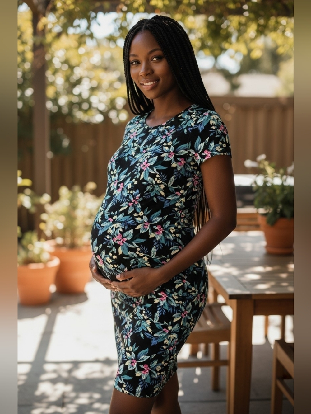PinkBlush Maternity Black Floral Midi Dress Ruched Bodycon Stretch M Mama Chic